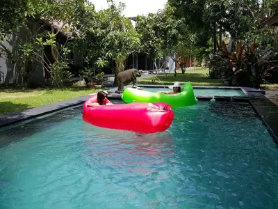 two people in inflatables in a swimming pool at Adys Inn in Legian