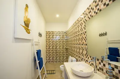 a bathroom with a toilet and a tile wall at Holyfat Villa in Seminyak