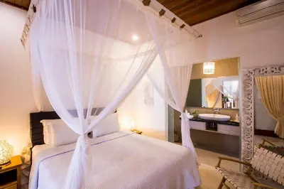 a bedroom with a bed with a mosquito net at Villa Kamboja Deluxe in Seminyak