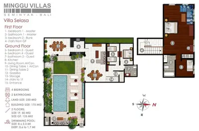 a floor plan of a villa with a pool at 4BR Villa Selasa - Minggu Villas Seminyak in Seminyak