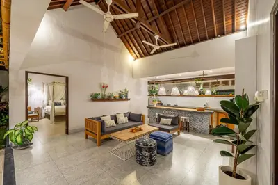 a living room with a couch and a table at Villa Sarong 2 Chic 2BR Boho Villa Prime Central Location in Seminyak