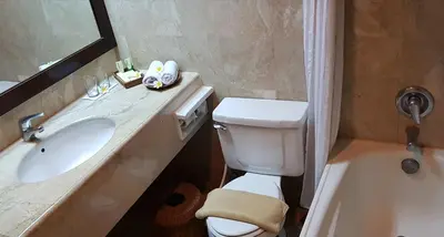 a bathroom with a toilet and a sink and a tub at Hotel Puri Bambu in Jimbaran