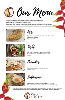 a screenshot of a menu for a restaurant at Villa Khaleesi in Seminyak