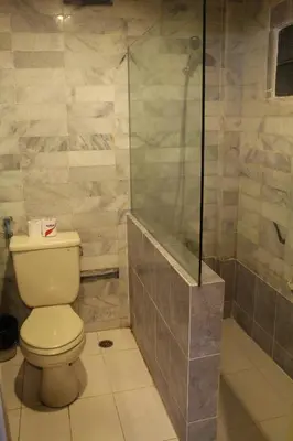 a bathroom with a toilet and a shower at Hotel Karthi Kuta in Kuta