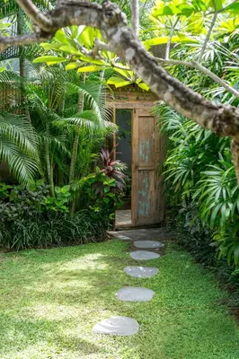 a path leading to a wooden door in a garden at Twist and Shout Villa in Seminyak