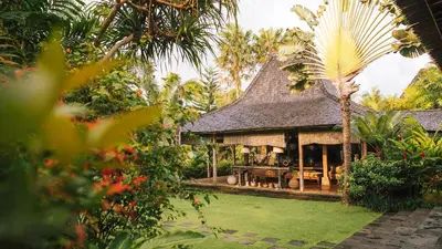 a house in a garden with a palm tree at Villa Zelie in Canggu