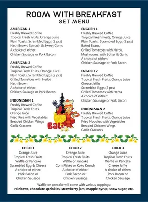 a menu for a roman with breadfast restaurant at Febri's Hotel & Spa in Kuta