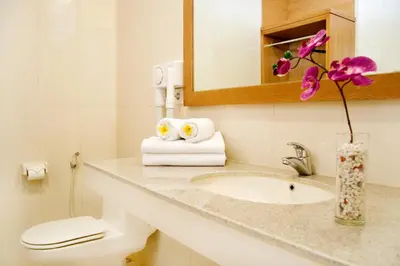 a bathroom with a sink and a toilet and a mirror at Febri's Hotel & Spa in Kuta