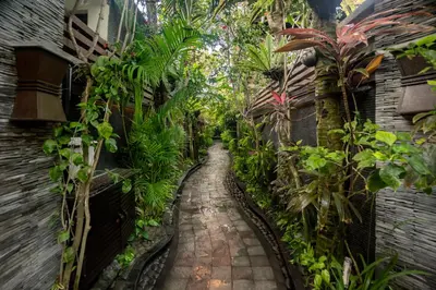 an alley way in a garden with plants at The Bali Dream Villa Seminyak in Seminyak