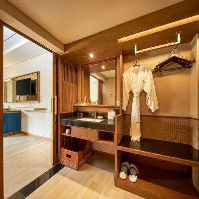 a bathroom with a sink and a mirror at Grand Mirage Resort & Thalasso Bali in Nusa Dua