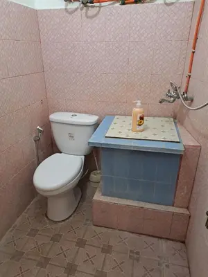 a bathroom with a toilet and a shower with a sink at Shalana Homestay- formerly Teka Teki House in Seminyak