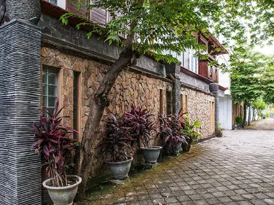 a group of potted plants on the side of a building at Umah Watu Villas in Seminyak