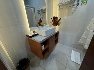 a bathroom with a sink and a mirror at New Garden View Resort in Legian