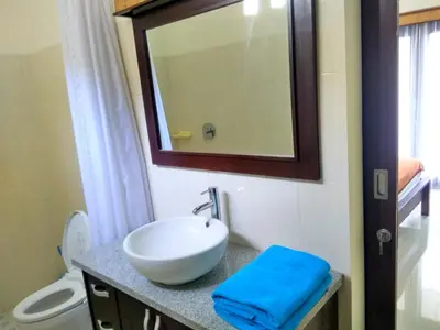 a bathroom with a sink and a mirror and a toilet at Dwiputra Guest House in Canggu