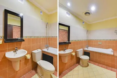 two pictures of a bathroom with two sinks and toilets at Super OYO Townhouse Oak Maxi Hotel Legian in Kuta