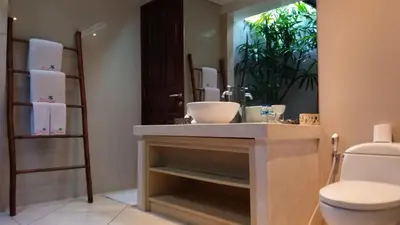 a bathroom with a sink and a toilet and a mirror at Villa Zanissa in Seminyak