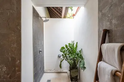 a bathroom with a shower and a plant at Villa Tiga Mangga by Optimum Bali Villas in Seminyak