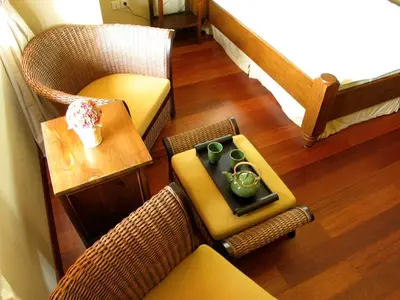 an overhead view of a living room with chairs and a table at D'Sriwing Villa Gallery in Kuta