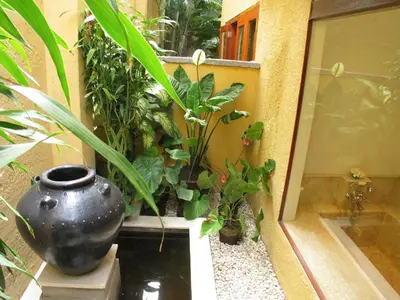 a large vase sitting next to a bunch of plants at D'Sriwing Villa Gallery in Kuta