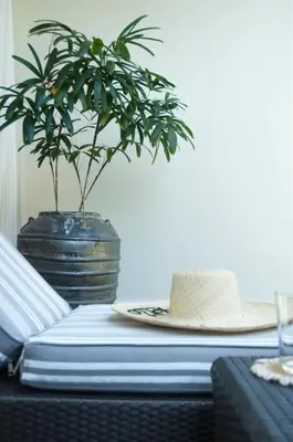 a table with a potted plant and a hat on it at Villa Alice by Villa Finder in Seminyak