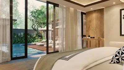 a bedroom with a view of a pool and a bed at The One Boutique Villa & Spa Seminyak in Seminyak
