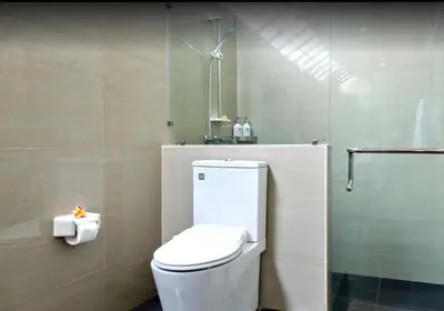 a bathroom with a white toilet and a shower at Kumpul Kumpul Villa Seminyak - CHSE Certified in Seminyak
