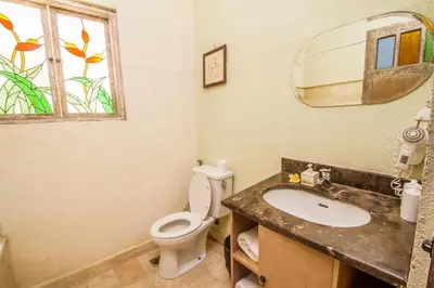 a bathroom with a toilet and a sink and a mirror at Abian Biu Mansion in Canggu