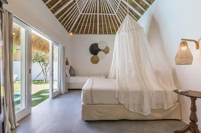 a bedroom with a bed with a mosquito net at Villa soul in Seminyak