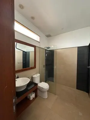 a bathroom with a sink and a toilet and a shower at Balcony Living Apartment in Seminyak