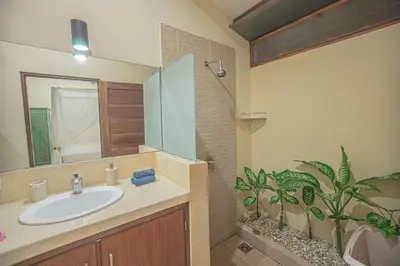 a bathroom with a sink and a mirror and a plant at Sasa Bali Villas in Seminyak