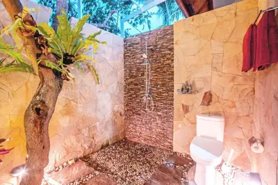 a bathroom with a shower and a toilet and a tree at Villa Ellen in Seminyak
