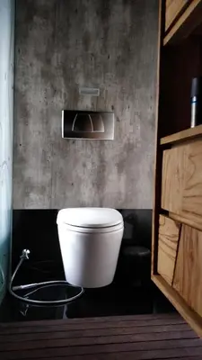 a bathroom with a white toilet in a room at Pronoia Beach Resort in Jimbaran