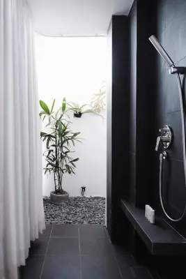 a bathroom with a shower and a potted plant at Lloyd's Inn Bali in Seminyak