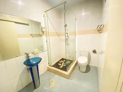 a bathroom with a shower and a toilet at Dedy Beach Inn in Kuta