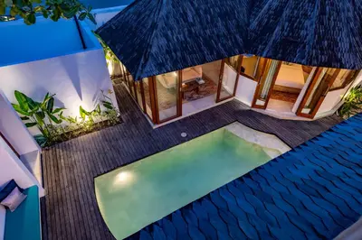 an aerial view of a villa with a swimming pool at The Lagoon Canggu in Canggu