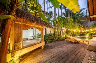 a room with a gazebo in a garden at Villa Koala, 2Br Close to W, Potato Head and Shi Shi in Seminyak