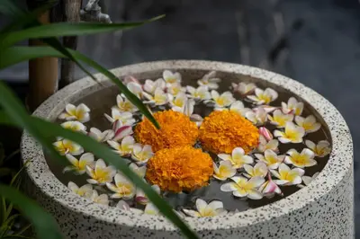 a bowl filled with flowers in a pot at Villa Verde in Seminyak