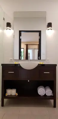 a bathroom with a sink and a large mirror at Eddys Cottages & Villa in Legian