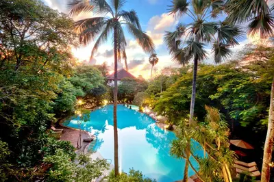 a pool in the middle of a forest with palm trees at Hotel Kumala Pantai in Legian
