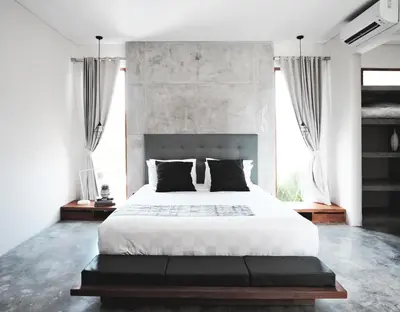a bedroom with a white bed and a large window at SooBali Niscala Villa 5 Bedroom in Canggu