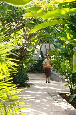 a man walking down a path in a garden at Sun Island Boutique Villas & Spa Seminyak in Seminyak