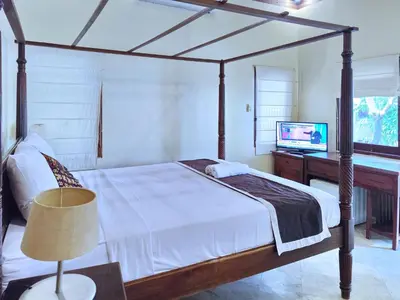 a bedroom with a canopy bed and a television at Villa Diana Bali in Legian
