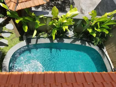 an overhead view of a swimming pool with plants at Villa Rahayu in Seminyak