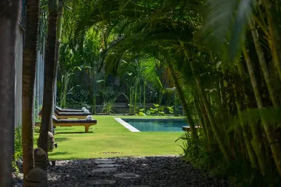 a swimming pool with two benches and palm trees at Villa Chocolat Seminyak in Seminyak