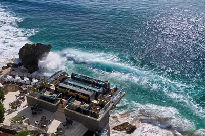 an aerial view of a resort on the ocean at AYANA Resort Bali in Jimbaran