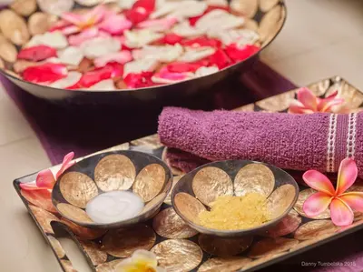 a tray of food with dip and a bowl of food at Sense Sunset Hotel Seminyak in Seminyak
