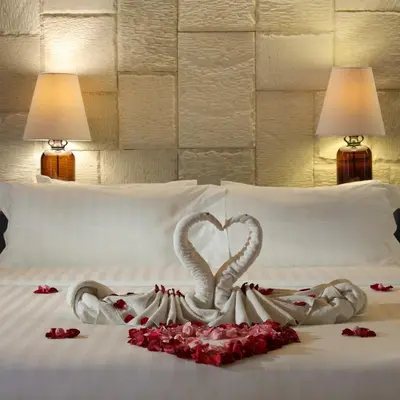 two swans making a heart on a bed with roses at Cross Paasha Bali Seminyak in Seminyak