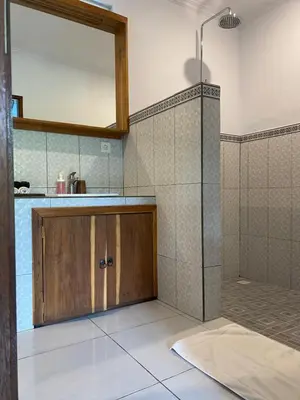 a bathroom with a shower and a sink at Villa Pintu Biru in Seminyak