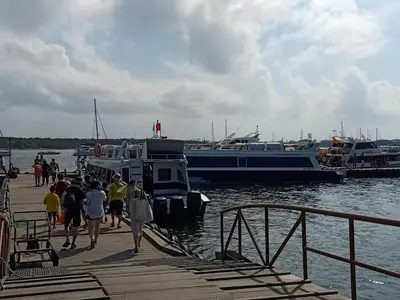 a group of people walking on a dock next to a boat at D&D homestay in Pesanggaran