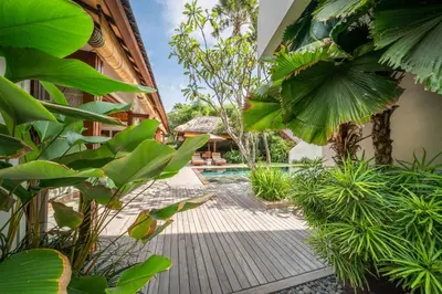 a courtyard with plants and a swimming pool at Villa Rubina - Luxury Pool Villa in Batu Belig Next to the Beach! in Seminyak